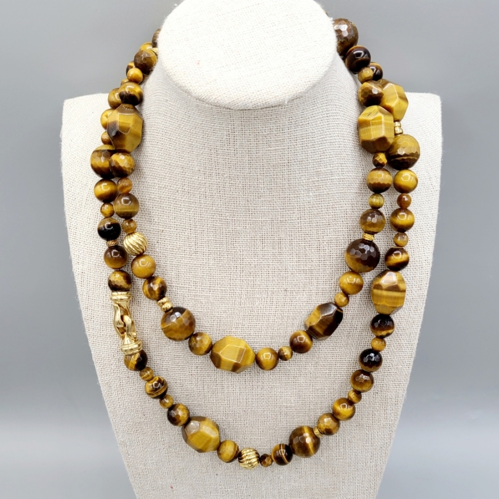 David Yurman Signature Tiger Eye Bead Cable Gold Buckle Necklace